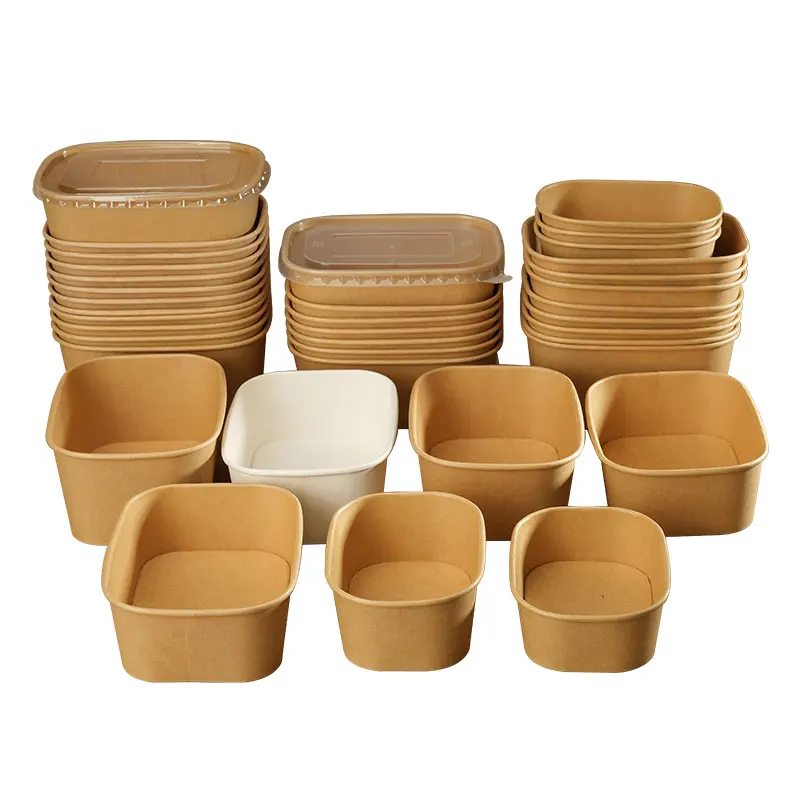 25PCS Kraft Paper Square Food Bowls with Clear Lids 500/650/750/1000ML Disposable Lunch Box Containers for Takeout Soup Salad Noodles Party Picnic Meal Prep