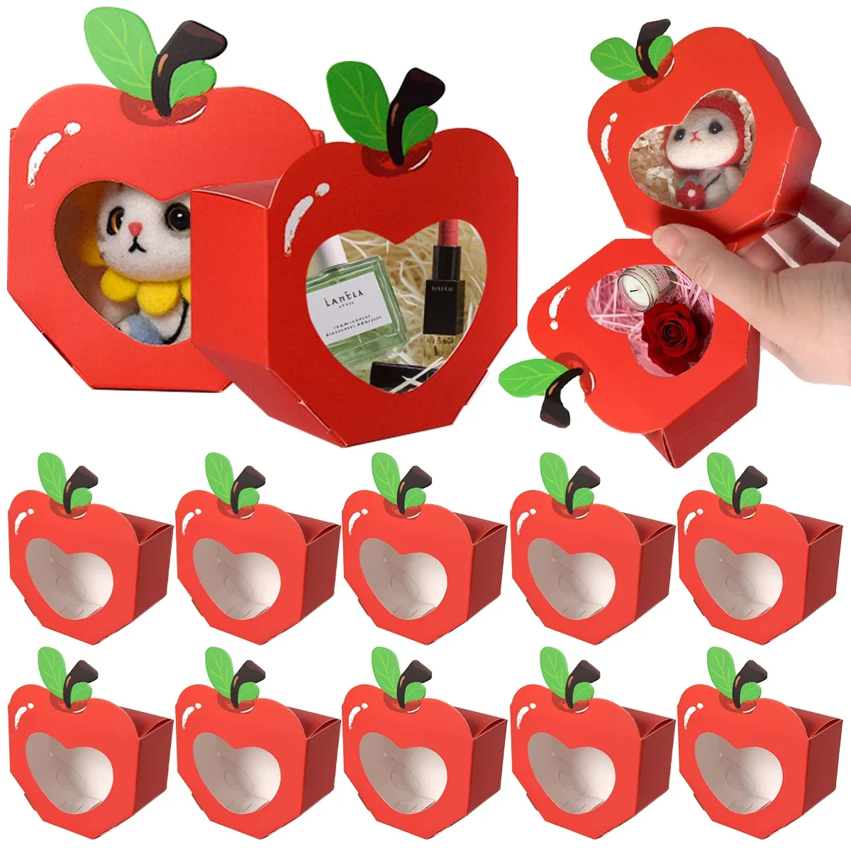 10/20Pcs Red Paper Candy Boxes with Heart & Apple Windows, Mini Gift Packaging for Sweets, Cookies, Chocolates, or Snacks – Perfect Favors for School, Wedding, Birthday, Baby Shower, Party Decoration