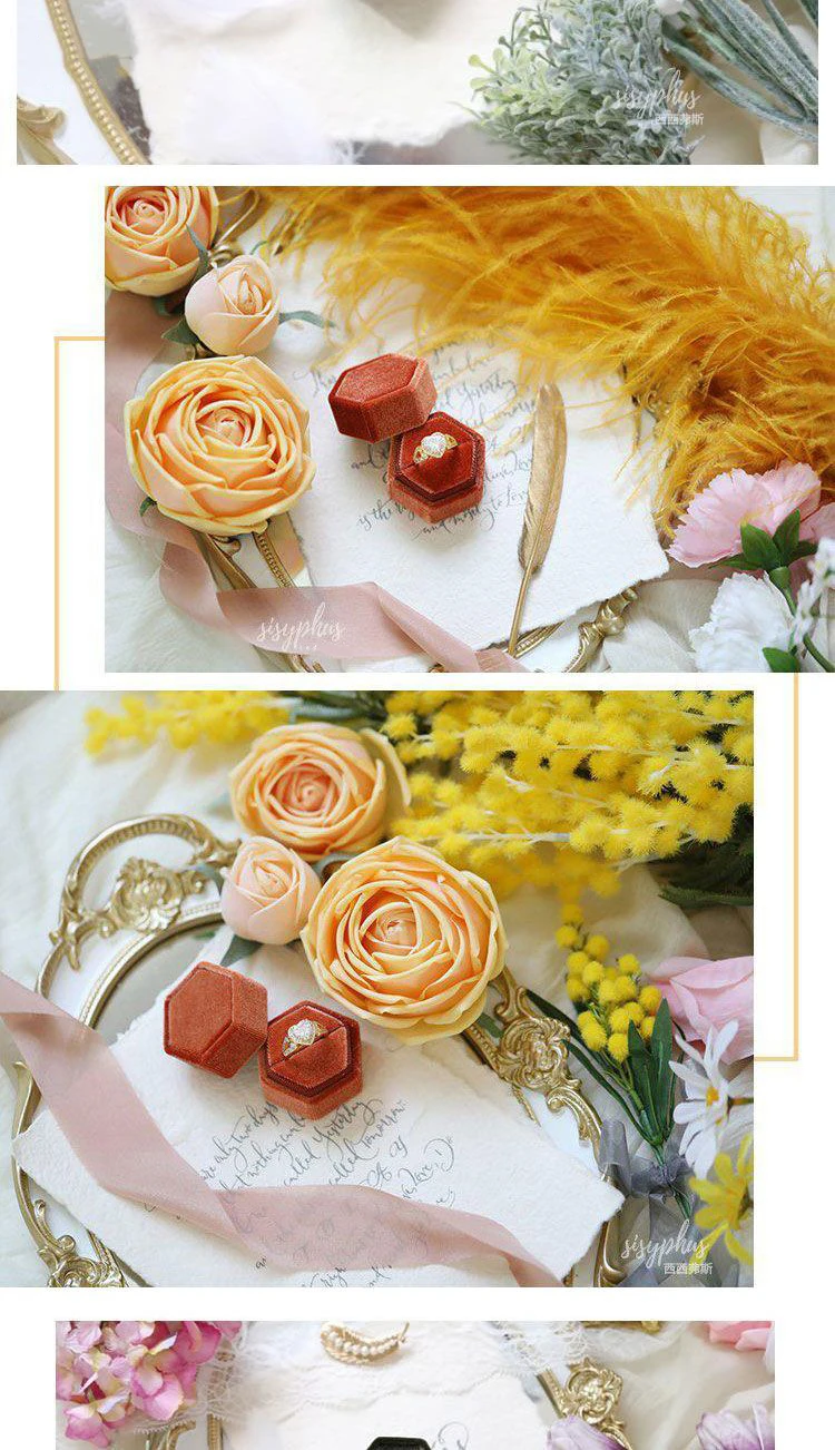 Vintage Hexagon Velvet Jewelry Double Ring Packaging Box | Elegant Engagement Wedding Ring Holder | Velvet Empty Case for Ceremony, Proposal, Valentine’s Gift Organizer Display