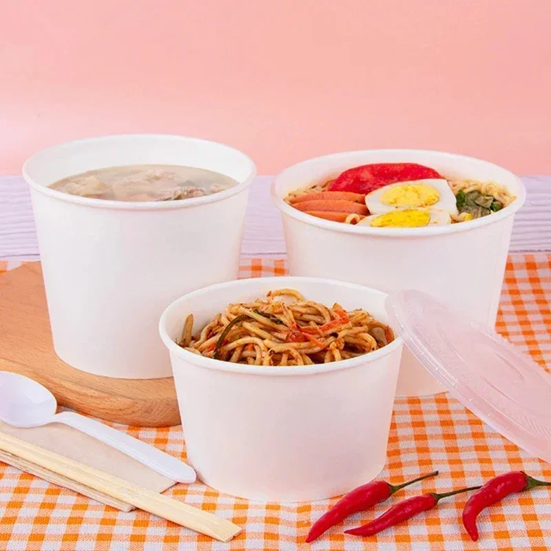 50Pcs Disposable Paper Bowls Eco-Friendly Round Food Containers with Lids, Takeaway Salad Soup Rice Noodle Lunch Packaging Boxes for Restaurants, Picnics, Catering, Fast Food and Party Use - 图片 5
