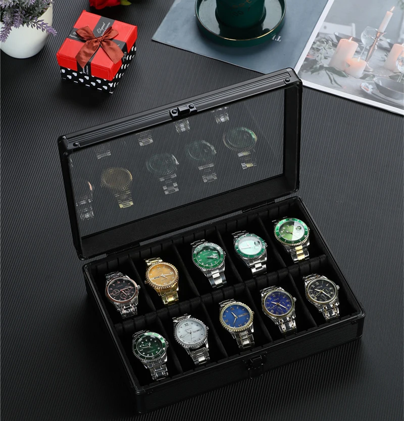 10-Slot Multi-Purpose Aluminum Alloy Watch Storage Case with Removable Internal Dividers, Protective Display Suitcase Organizer for Watches, Bracelets, Jewelry, Portable Travel Carrying and Home Storage 13