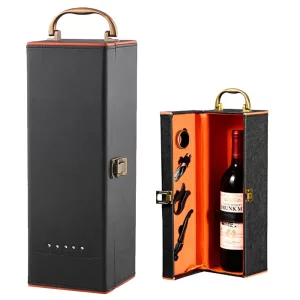 Single Wine Bottle Gift Box with Accessories Set – PU Leather Portable Carrying Case with Handle, Elegant Bottle Holder and Wine Tools for Home, Party, Gifting, and Collection
