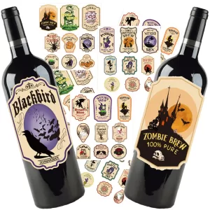 3-Pack Halloween Wine Bottle Stickers – Spooky Ghost-Themed Self-Adhesive Labels for Wine, Spirits, Glass Bottles, Party Favors, and Holiday Decoration