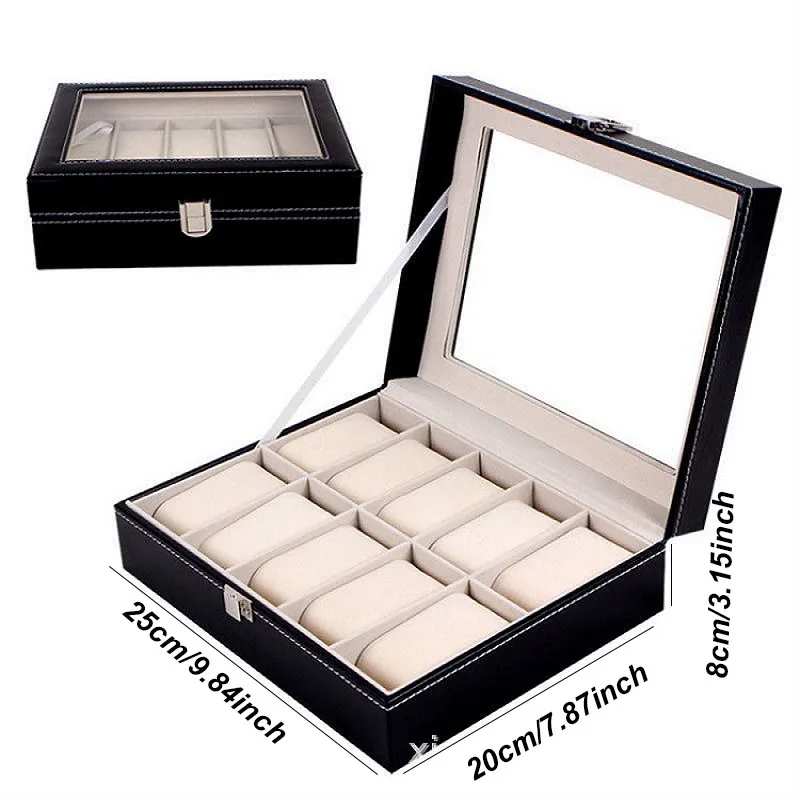 Premium PU Leather Watch Display Box with Glass Lid, Multi-Slot Organizer for 2/3/4/5/6/8/10/12/20 Watches, Elegant Jewelry Storage Case for Men and Women, Sophisticated Collector and Travel Organizer - 图片 10