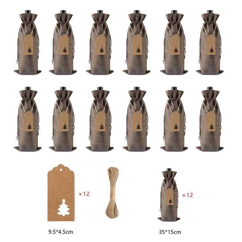 12PCS Burlap Wine Gift Bags with Tags & Jute Rope, Reusable Linen Wine Bottle Covers with Drawstring, Rustic Multicolor Jute Wraps for 750ml Champagne Bottles, Christmas Wedding Birthday Party Packaging