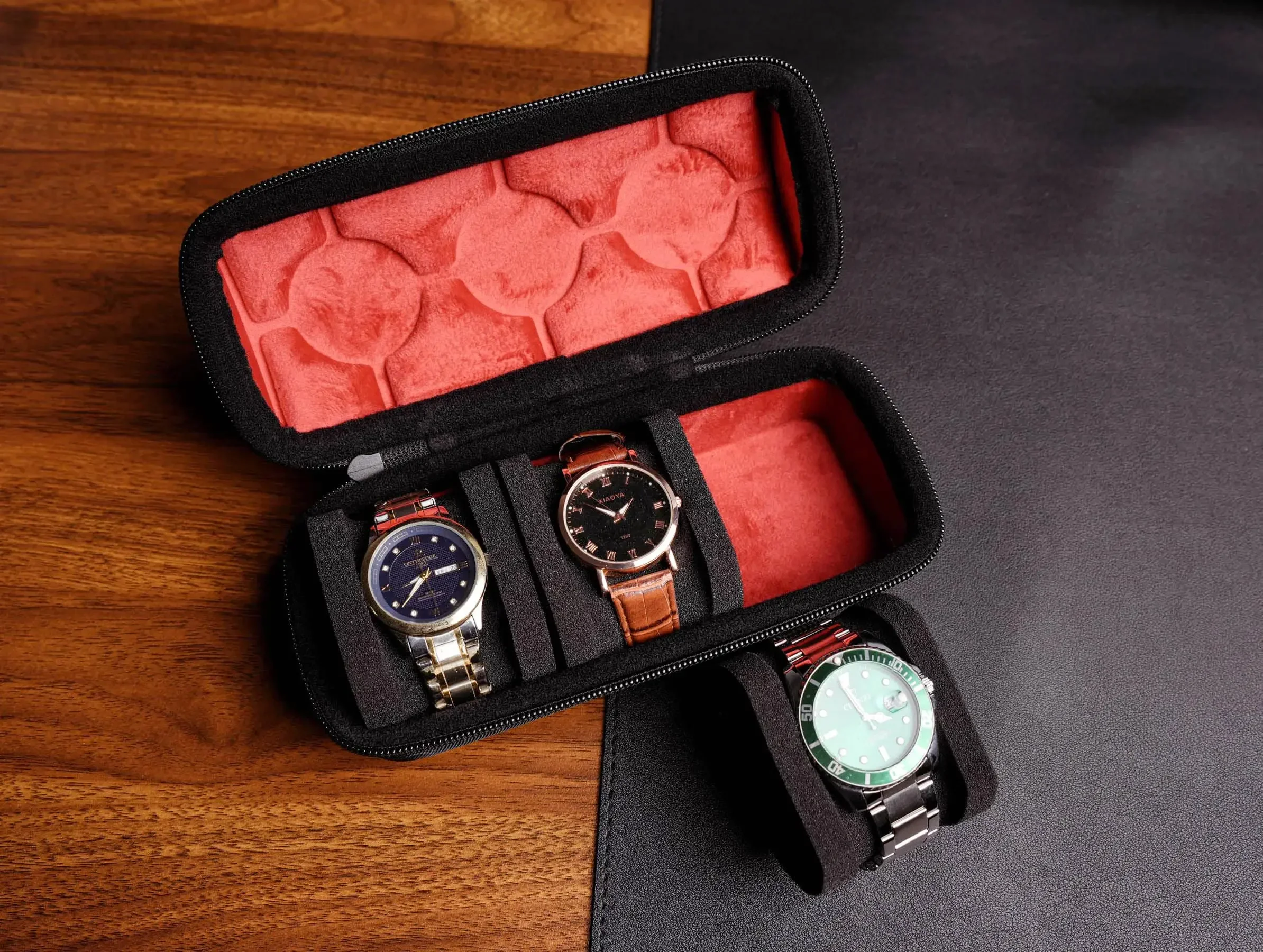 Travel Watch Organizer | Hard Travel Watch Roll Case with Detachable Pillows, 1/2/3/5/6/10 Slot Organizer for Men & Women, Protective Red Microfiber Lining, Elastic Foam Cushion for Watches up to 55mm, Compact Luxury Design for Travel, Gift-Ready Storage Case 3