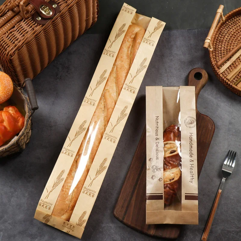 100 Pieces Kraft Paper Long Bread Bags with Transparent Window, Waterproof & Oil-Resistant Food Packaging for Bread, Pastries, Party Favors, Birthday, Xmas, Bakery & Gift Wrapping - 图片 3