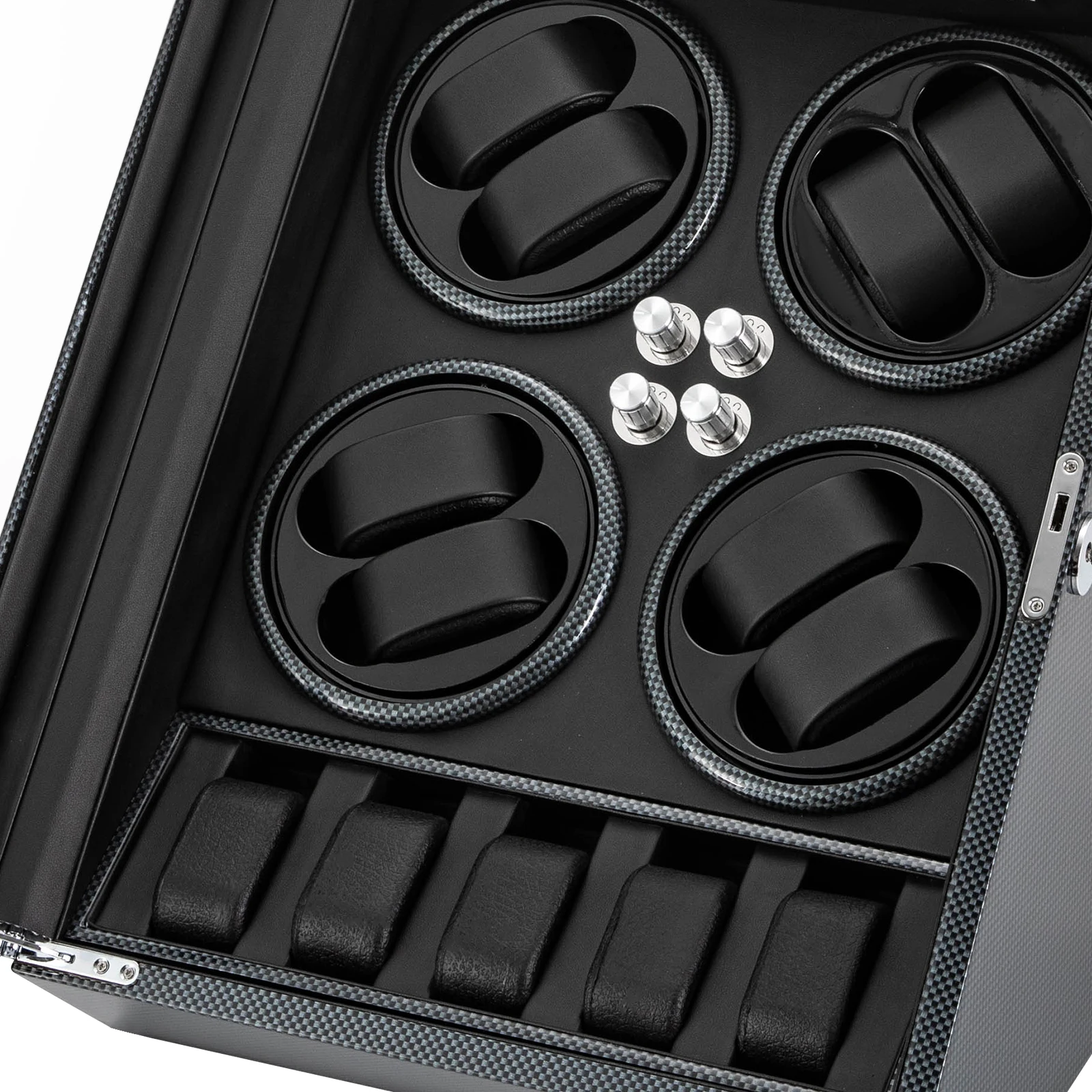Automatic Watch Winder with Ultra-Quiet Motor and 6 Adjustable Modes, Elegant Carbon Fiber Display Case with Lock & Key, Soft PU Pillows for 8+5 Watches, LED Lighted Luxury Storage for Mechanical Watches - 图片 4