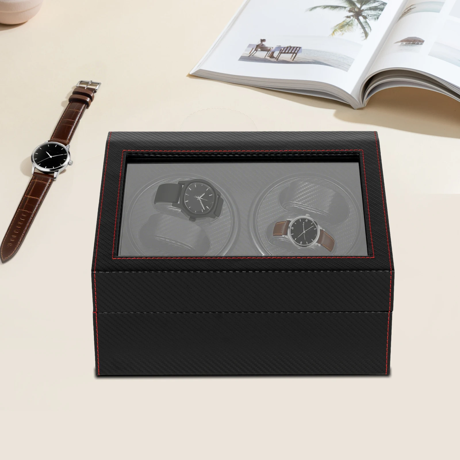Automatic Watch Winder Box for 10 Watches, Ultra-Quiet 10dB Operation, Non-Magnetic Protection, 4 Rotating + 6 Storage Compartments, Premium MDF PU Glass Copper Construction, Elegant Modern Rectangle Display Case with Bidirectional Rotation - 图片 5