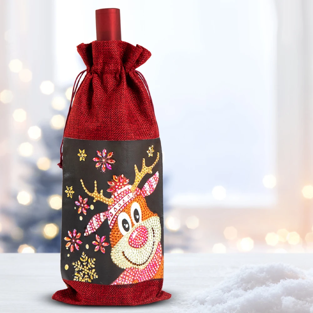 Christmas 5D Diamond Art Wine Gift Bag – DIY Rhinestone Drawstring Linen Bottle Cover, Festive Burlap Packaging for Holiday Parties, Santa Pattern Reusable Wine Bag for Crafts & Gifting 1