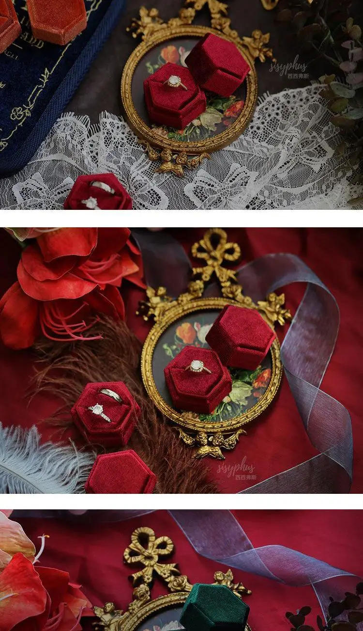 Vintage Hexagon Velvet Jewelry Double Ring Packaging Box | Elegant Engagement Wedding Ring Holder | Velvet Empty Case for Ceremony, Proposal, Valentine’s Gift Organizer Display