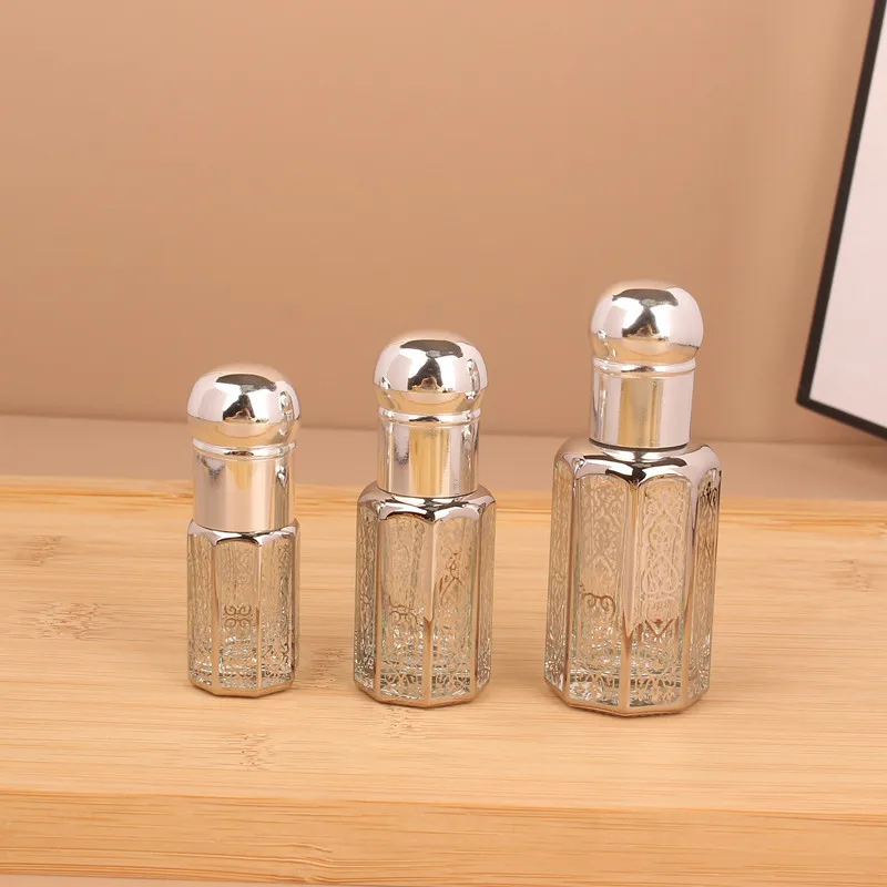 3ml/6ml/12ml Luxury Colored Glass Essential Oil Bottles – Electroplated Carved Design with Ball Applicator, Refillable Mini Containers for Perfume, Serum, Makeup and Cosmetic Travel Storage