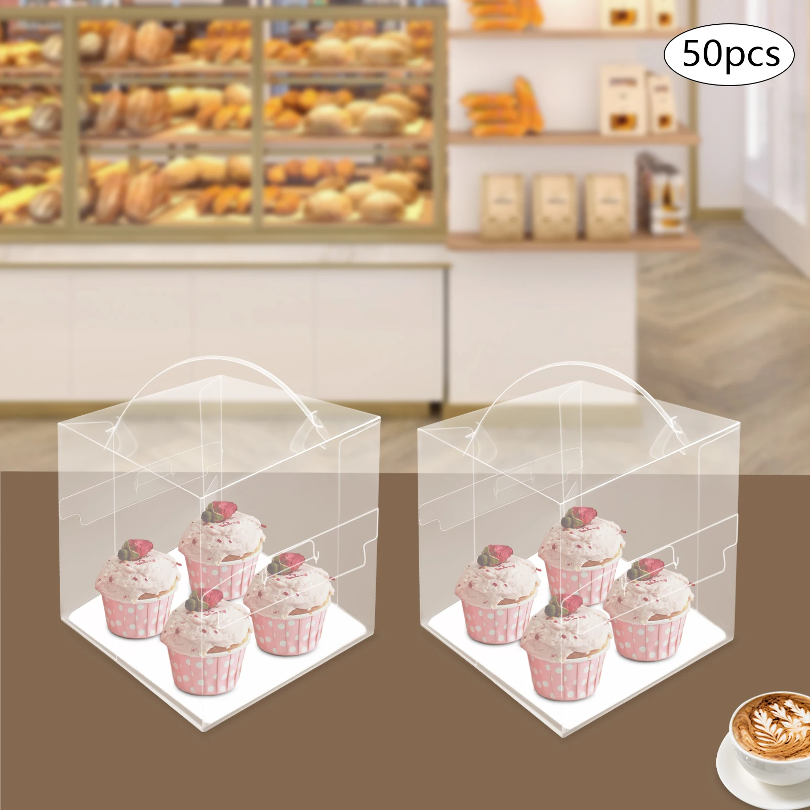 50pcs Clear PET Square Cake Boxes with Handles, 13x13x13cm Assembly Required, Food-Safe Plastic and Cardboard Dessert Packaging, Cupcake and Cookie Containers for Bakery, Birthday, Wedding, Party 3