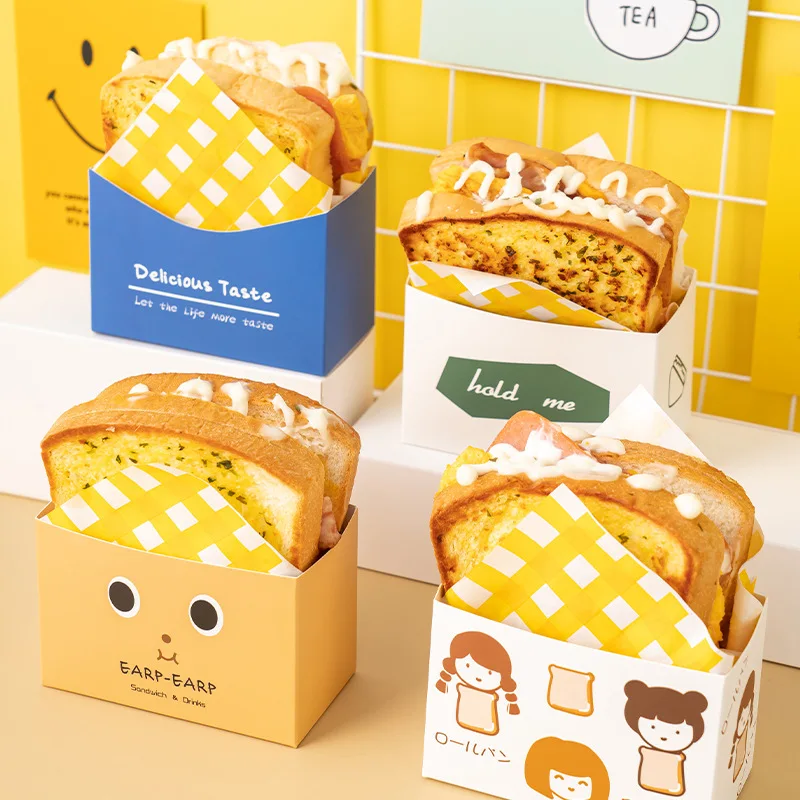 10 Sets Cardboard Sandwich & Burger Packaging Boxes, Toast and Bread Paper Trays, Disposable Food Containers for Cakes, Bakery Items, Takeout, Wedding Party, Catering, Gift, Snacks