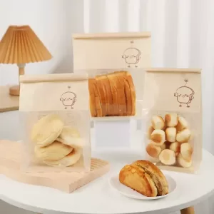 50 Pieces Kraft Paper Roll-Edge Sandwich & Toast Bags with Cartoon Window Print, Food-Safe Packaging for Bread, Desserts, Sweet Potato Rolls, Edible Grade, Durable and Stylish