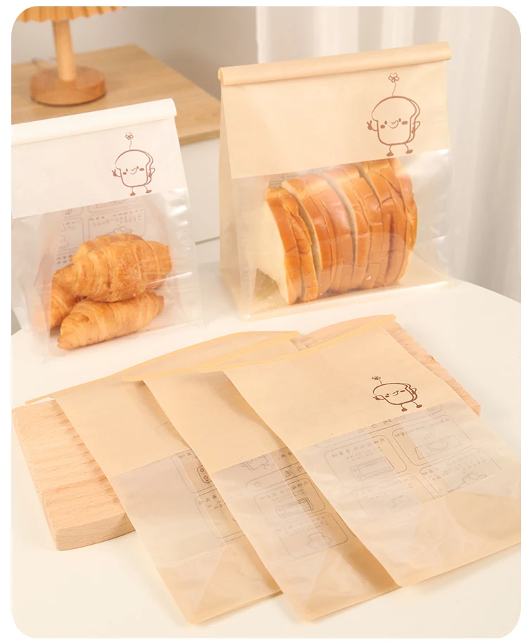 50 Pieces Kraft Paper Roll-Edge Sandwich & Toast Bags with Cartoon Window Print, Food-Safe Packaging for Bread, Desserts, Sweet Potato Rolls, Edible Grade, Durable and Stylish 11