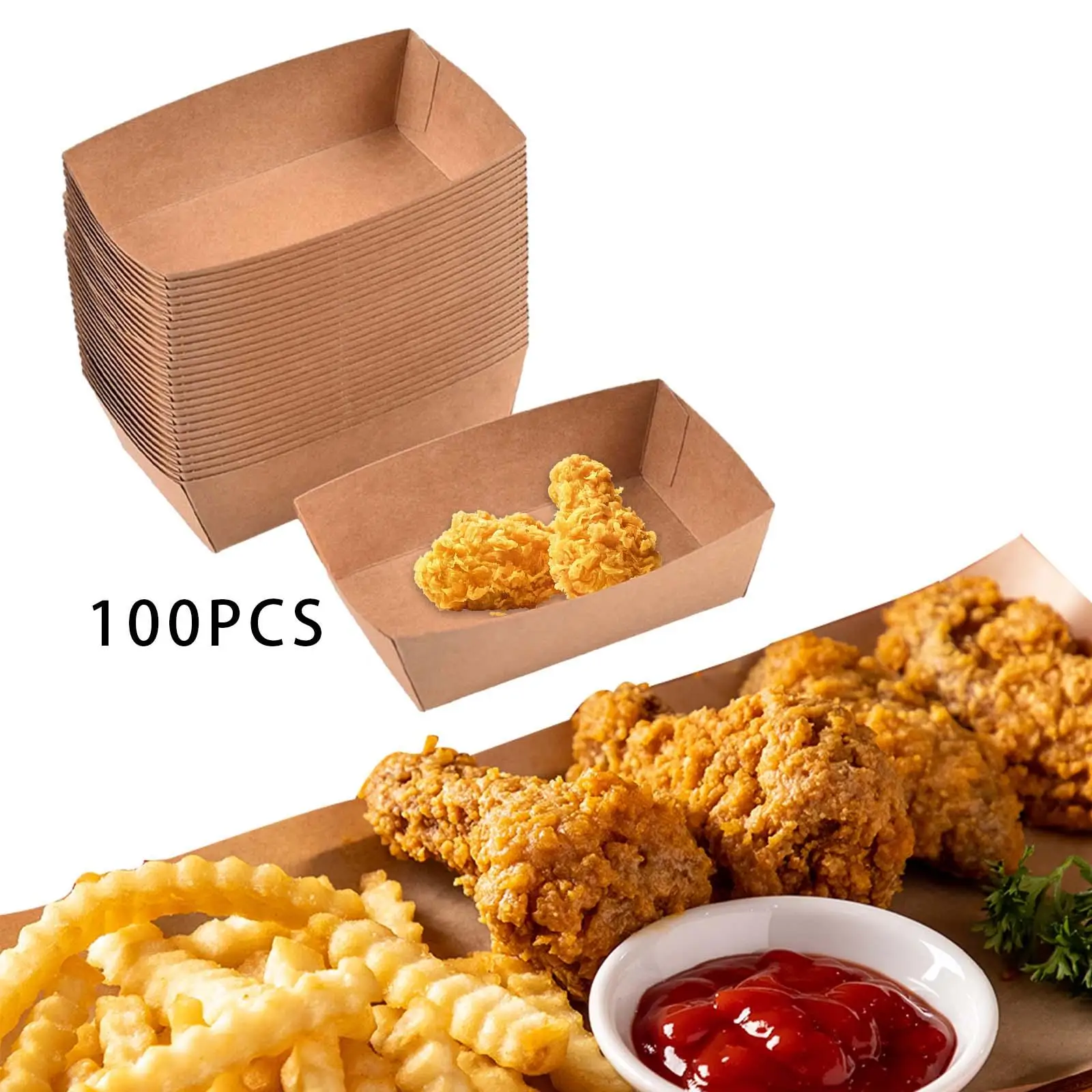 100PCS Disposable Kraft Paper Food Trays Serving Boats for Nachos, French Fries, Hot Dogs, Salads, Snacks and Desserts – Sturdy Take Out Containers for Parties, Picnics, Catering and Fast Food - 图片 4