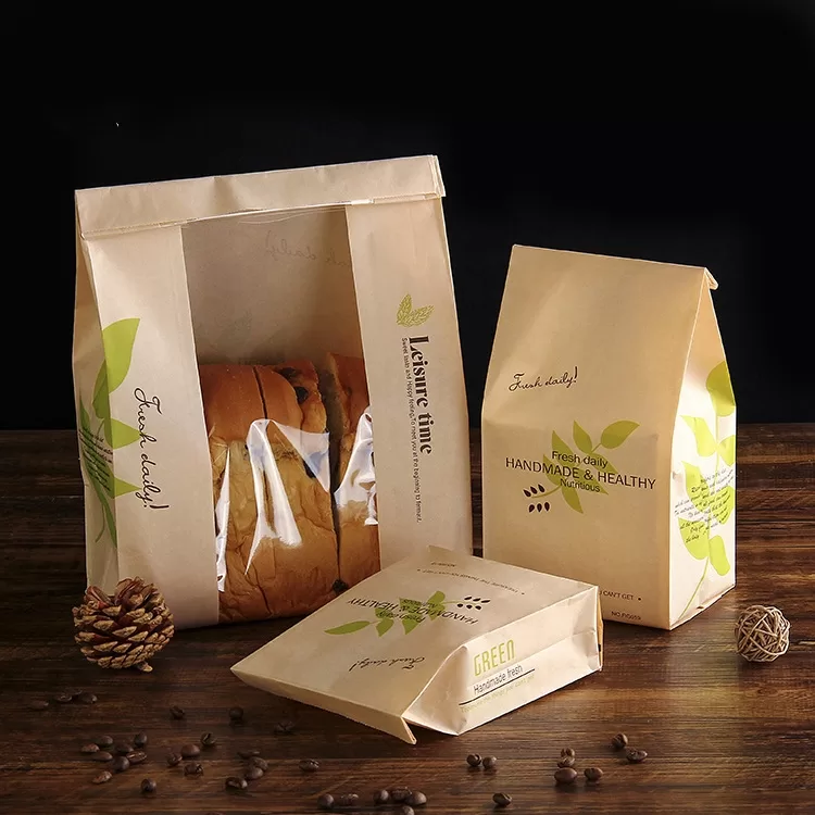 50 Pieces Kraft Paper Food Bags with Transparent Window, Green Leaf Design, Oil-Resistant Laminated Packaging for Cake, Cheese, Bread, Toast, Bakery & Sandwich Storage, Multiple Sizes S/M/L