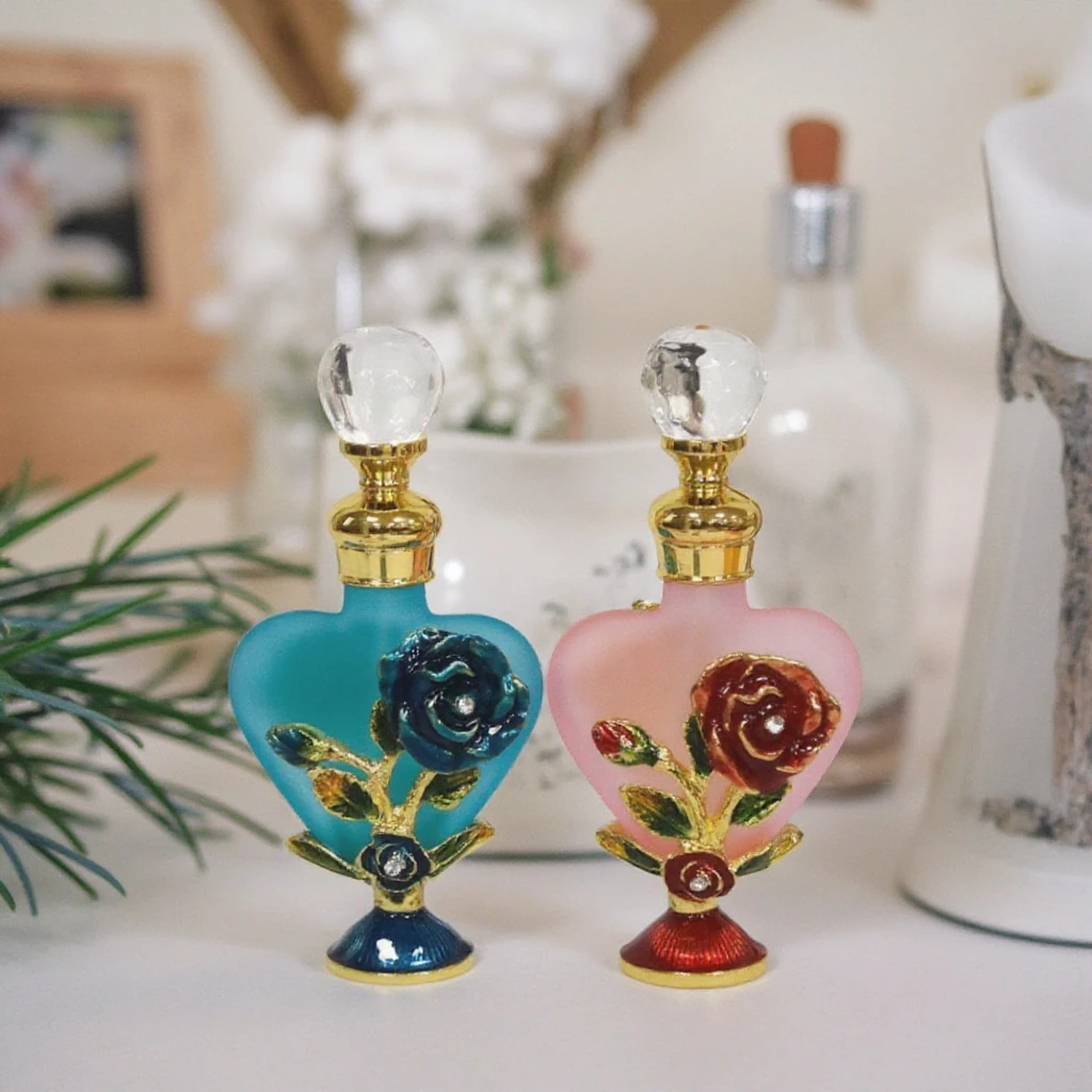 10ml Luxury Rose Flower Glass Bottle with Metal Copper Cap and Stainless Steel Insert – Elegant Heart-Shaped Refillable Container for Essential Oils, Serums, Boutique Packaging, Travel and Gift Presentation