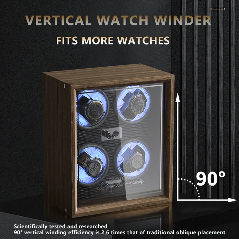 Automatic 4-Slot Watch Winder Box with Blue LED Light, Black Walnut, Red and Carbon Fiber Variants, Soft High-Elastic Memory Foam Pillows, Lid Stop Function, Ultra-Quiet Japanese Motor, USB & AC Powered, Ideal Gift for Luxury Watches - 图片 5