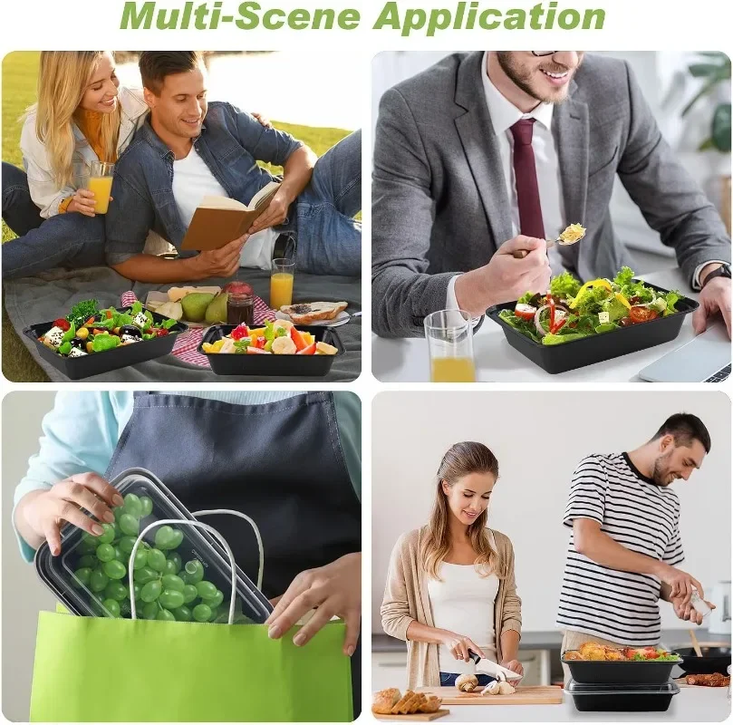 10/20Pcs Disposable Plastic Lunch Box with Lid, Black Food Containers for Fruits, Vegetables, Salads, Sandwiches, Meal Prep, Takeout Kitchen Storage Bento Box Microwave Safe 4
