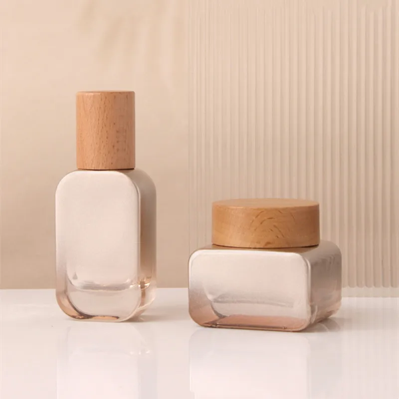 6pcs 30/50g Glass Cream Jars and 30-120ml Lotion Pump Bottles with Elegant Wooden Caps – Premium Refillable Skincare Containers for Face Cream, Lotion, Serum, Travel-Friendly and High-End Cosmetic Storage 2