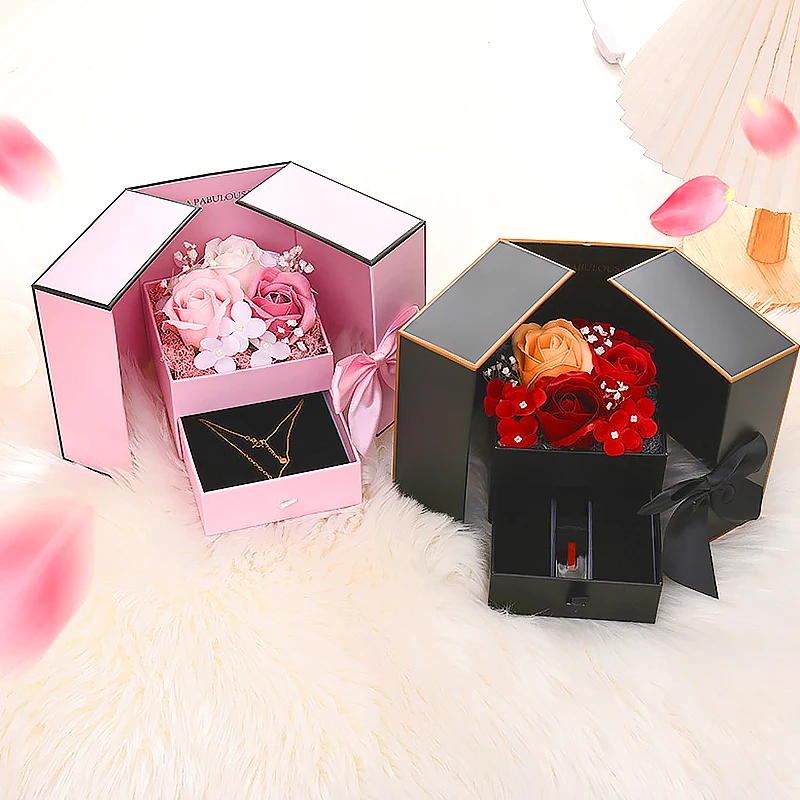 Romantic Soap Rose Flower Jewelry Gift Box with Double Drawer Design, Elegant Packaging Case for Necklace Ring Lipstick, Valentine’s Day, Wedding, Birthday, Mother’s Day, Christmas and Anniversary Surprise - 图片 5
