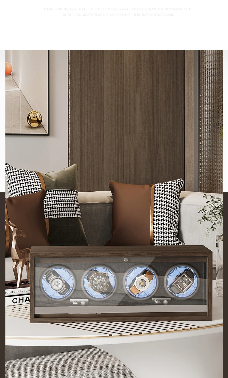 Luxury 4-Slot Automatic Watch Winder Box with High-Precision Japanese Motor, Premium Wooden Construction, Soft Memory Foam Cushions, LED Illumination, Lid Stop Function, Universal AC/USB Powered, Ideal Display Case for Mechanical Watches 1