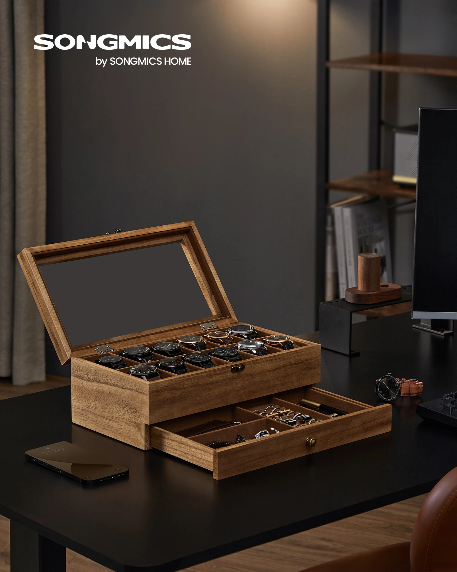 12-Slot Two-Tier Watch and Jewelry Box with Large Glass Lid, Velvet-Lined Compartments, Removable Watch Pillows, Rustic Wooden Display Case for Dresser, Home, and Boutique Storage – Elegant Gift Idea - 图片 2