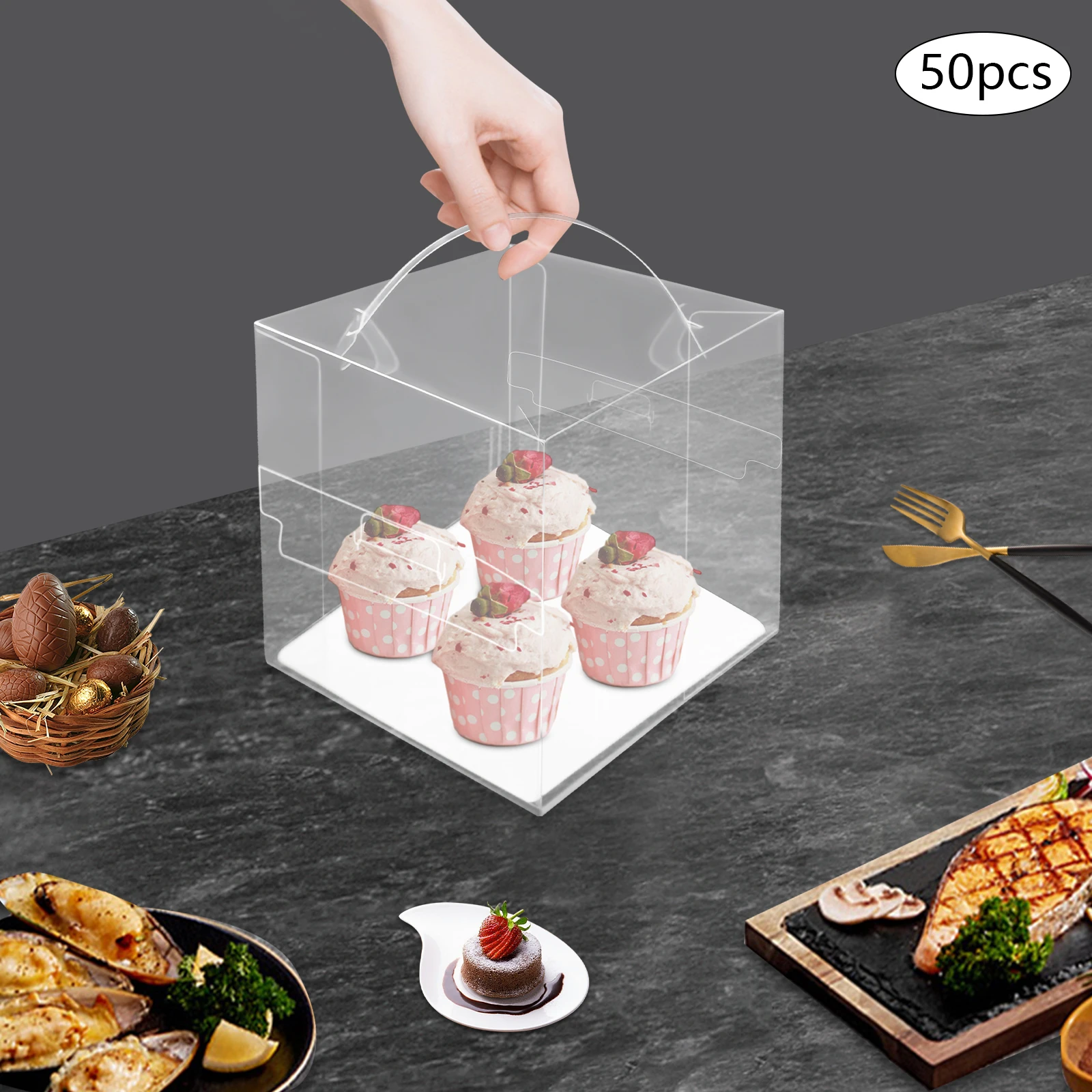 50pcs Clear PET Square Cake Boxes with Handles, 13x13x13cm Assembly Required, Food-Safe Plastic and Cardboard Dessert Packaging, Cupcake and Cookie Containers for Bakery, Birthday, Wedding, Party 1