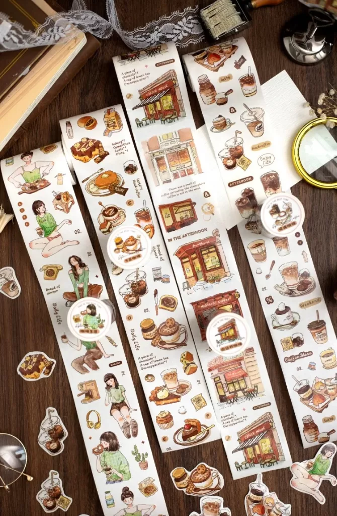 Coffee themed washi tape set for scrapbooking, vintage decorative tape for crafts, diy journals, art projects, bullet notebooks, creative coffee pattern masking tape for gift wrapping & card decoration