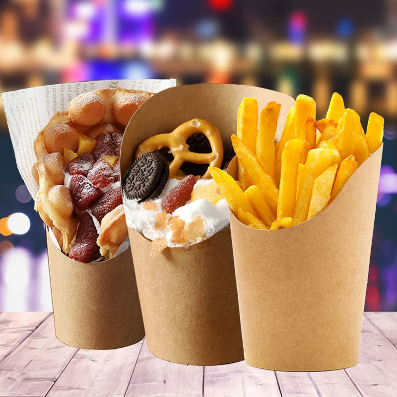 100pcs Kraft Paper French Fry Cups and Snack Buckets, Disposable Fried Chicken Leg Containers, Thickened Food-Grade Snack Egg Cups for Party, Takeout, Catering, and Fast Food