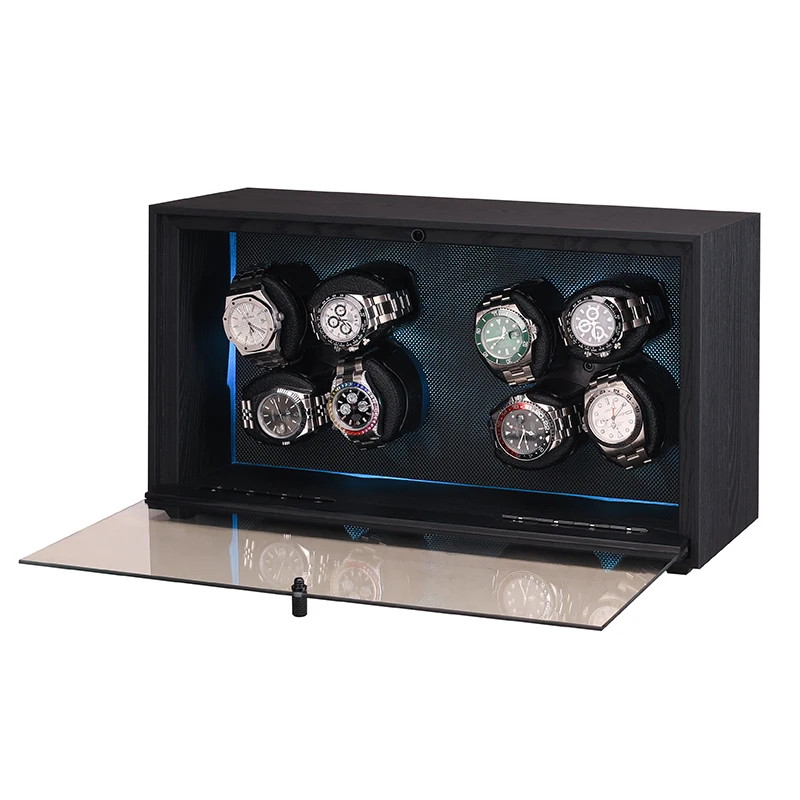 Luxury Automatic Watch Winder Box with 4/8/12 Slots – Black Wood Grain Finish, Ultra-Quiet Mabuchi Motor, Adjustable Rotation Settings, and Built-in RGB Ambient Lighting for Premium Watch Storage 1
