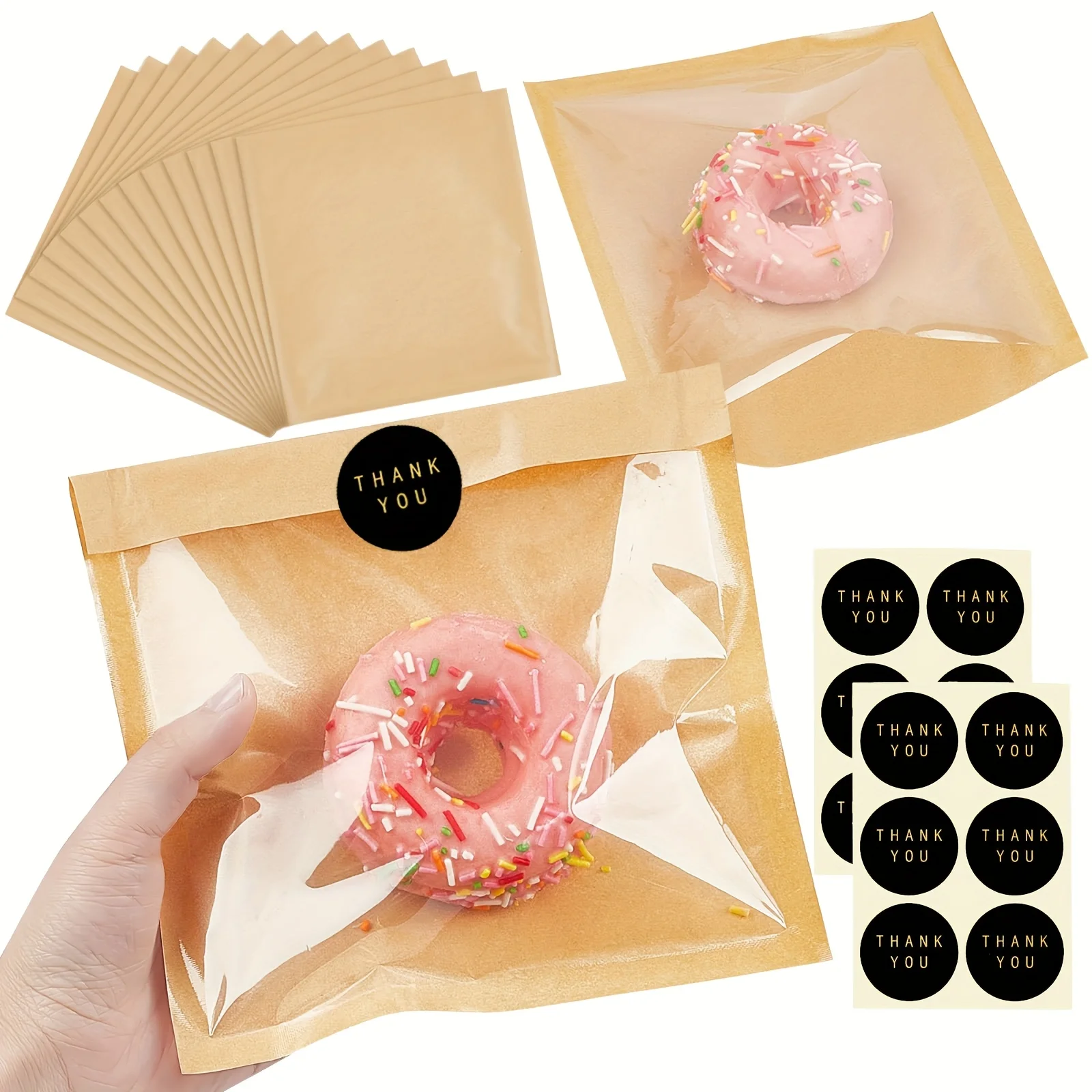 Custom Kraft Bakery Bags with Clear Window & Stickers – 7" Heat-Sealable Treat Pouches
