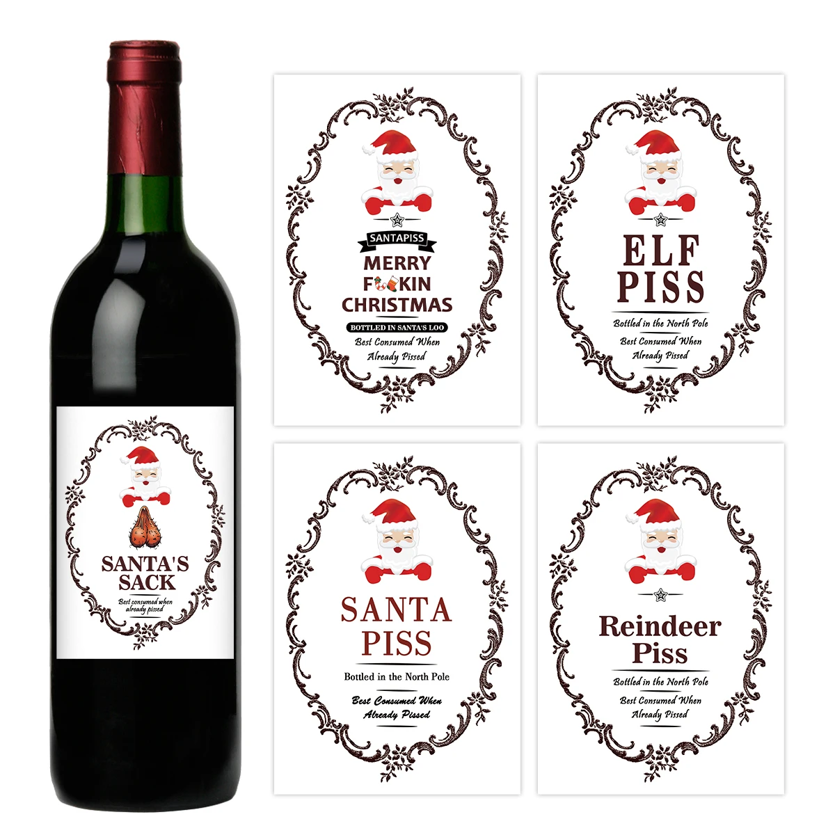 5-Pack Funny Santa Claus Christmas Wine Bottle Stickers – Self-Adhesive Holiday Wine Labels with Novelty Joke for Party Decor, Gifts, and Festive Celebration - 图片 6