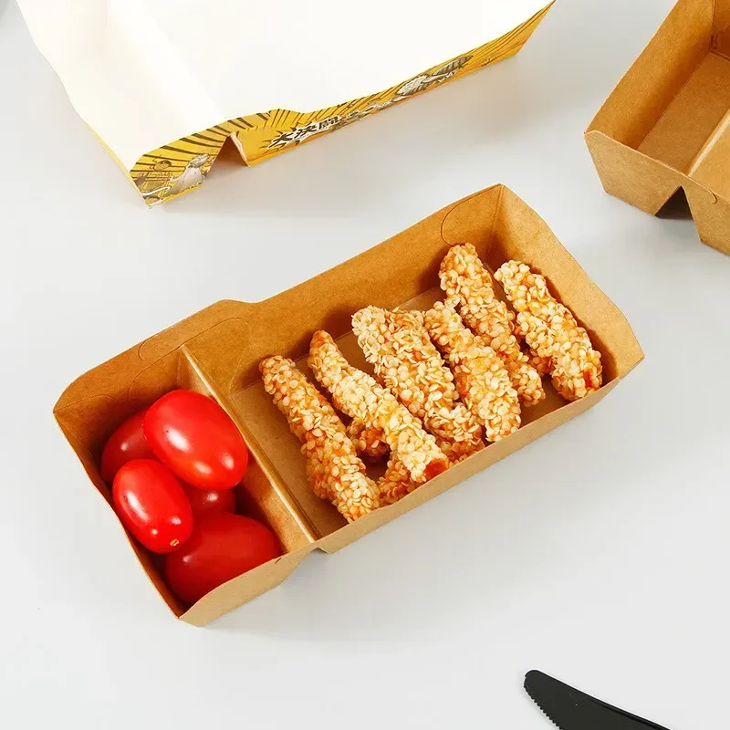 50pcs Disposable Kraft Paper Food Serving Trays with Dual Compartments, Eco Friendly Snack Boxes for French Fries, Chicken, Salad, Nachos, Desserts, Takeout and Party Catering Supplies - 图片 5