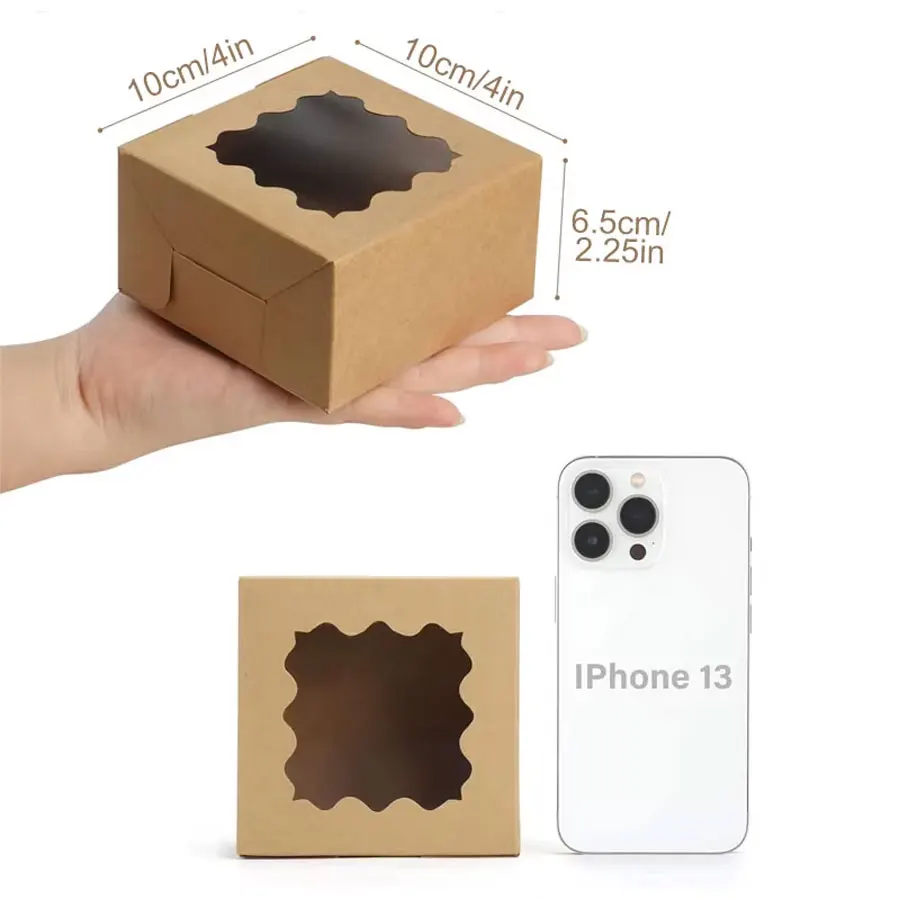 50/100Pcs Kraft Paper Cake Boxes with Clear Window, 4x4x2.5 Inch Cardboard Dessert Containers for Pastries, Macarons, Chocolates, Biscuits, Cookies and Bakery Packaging Supplies