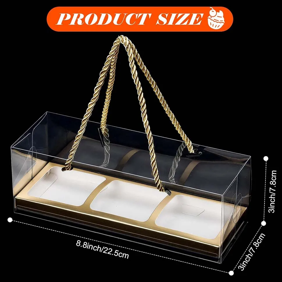 10Pcs Clear Cupcake Boxes with Rope Handles, Portable Rectangular 3-Compartment Cake Containers, PET and Cardboard Dessert Carriers for Parties, Weddings, Birthdays, Baby Showers 3
