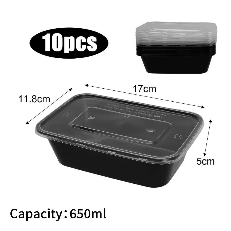 10/20Pcs Disposable Plastic Lunch Box with Lid, Black Food Containers for Fruits, Vegetables, Salads, Sandwiches, Meal Prep, Takeout Kitchen Storage Bento Box Microwave Safe 8
