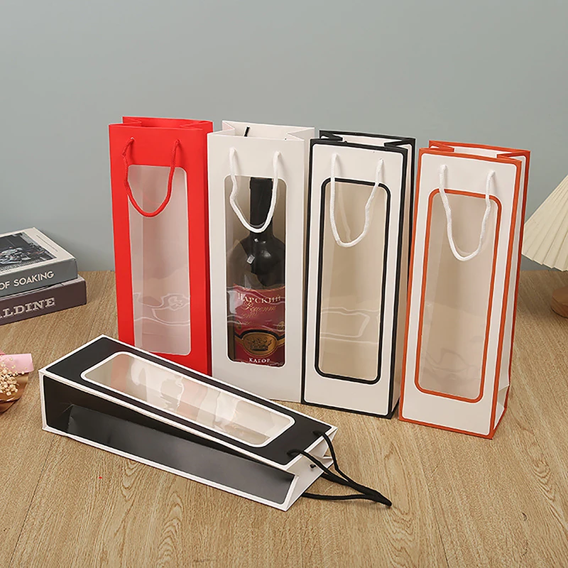 Single Bottle Kraft Paper Wine Gift Bag with Transparent PVC Window, Reusable Rectangular Tote for Flower, Doll or Wine Packaging, Eco-Friendly Paperboard Carry Bag for Parties, Shops, and Gifts