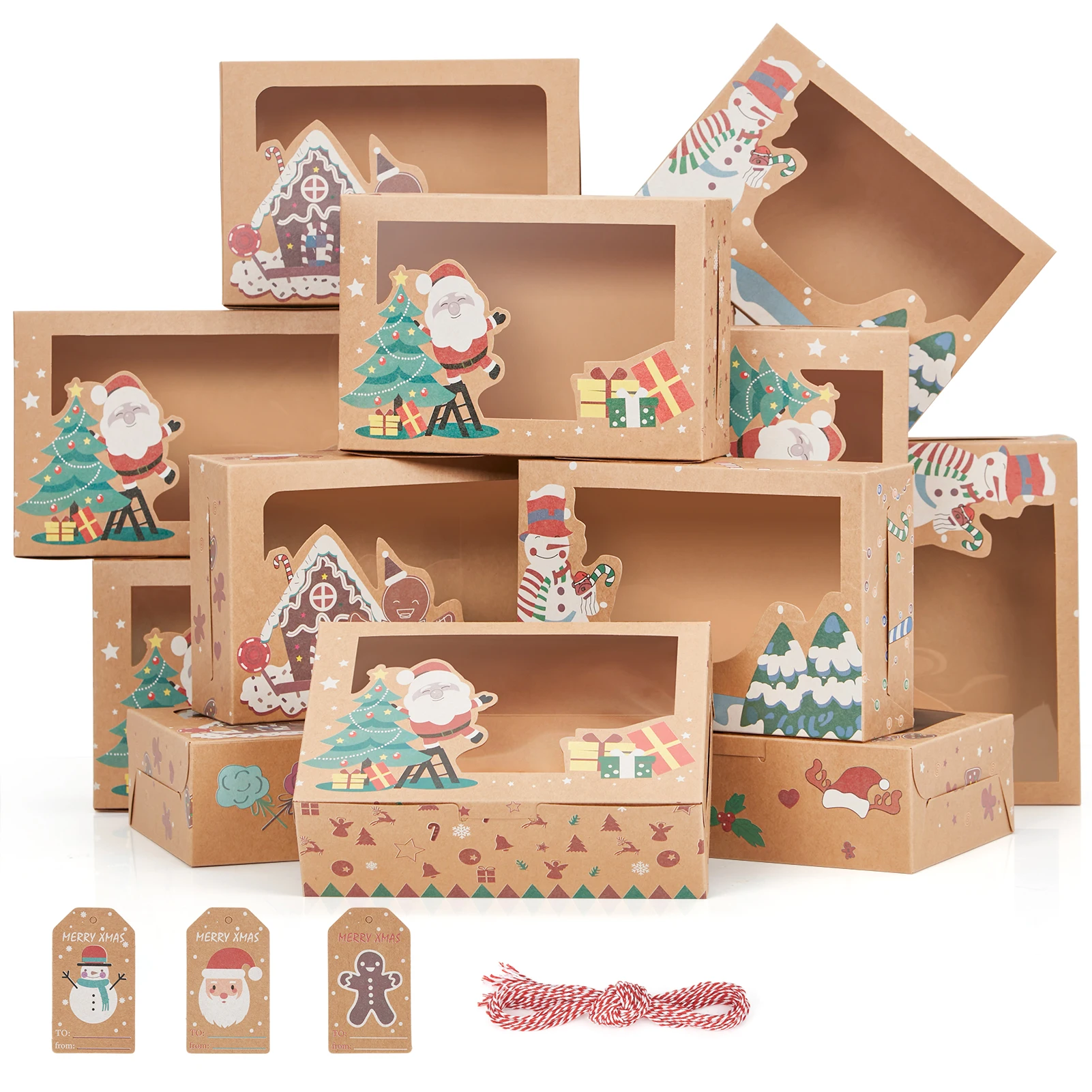 12Pcs Christmas Cookie Boxes with Window, Foldable Kraft Bakery Gift Packaging for Cupcakes, Candy, Pastries, Chocolates, Holiday Treat Boxes with Tags and Red White Twine for Party Favors 8