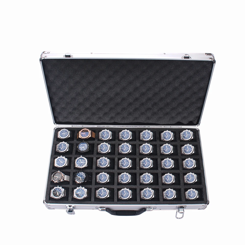 35-Slot High-Capacity Watch Storage Box with Aluminum Suitcase Design, Velvet-Lined Jewelry Organizer, Portable Lockable Display Case for Watches, Bracelets, and Accessories, Elegant Gift Box for Collectors