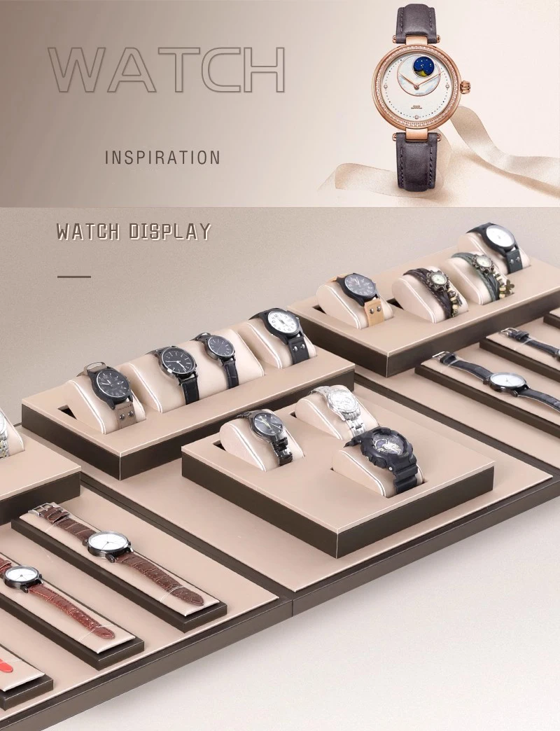 Luxury Brown Leatherette Watch Display Stand Holder – Retail Store Counter and Window Organizer for Watch Presentation, Ramp Base Desk Prop for Jewelry Shop Showcase and Professional Display Use 8
