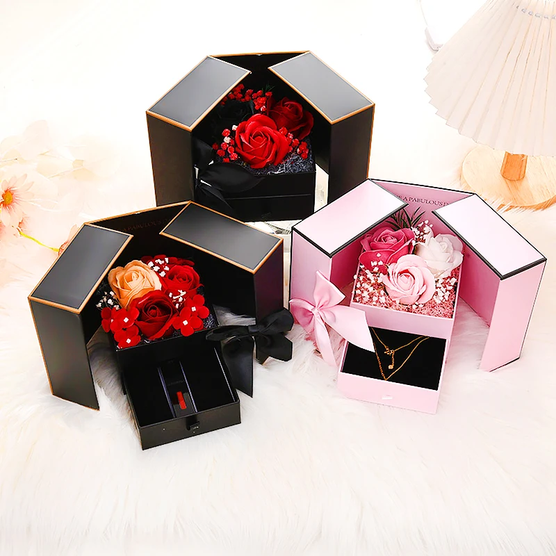 Romantic Soap Rose Flower Jewelry Gift Box with Double Drawer Design, Elegant Packaging Case for Necklace Ring Lipstick, Valentine’s Day, Wedding, Birthday, Mother’s Day, Christmas and Anniversary Surprise 2