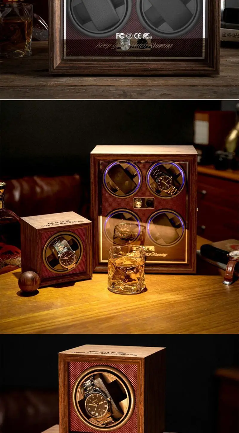 Luxury Automatic Watch Winder – Wooden Retro Organizer with Silent Motor and Anti-Magnetic Design, High-Density Pine & Leather Construction, Multiple Slots with USB Power, LED Light, 5 Rotation Modes 5
