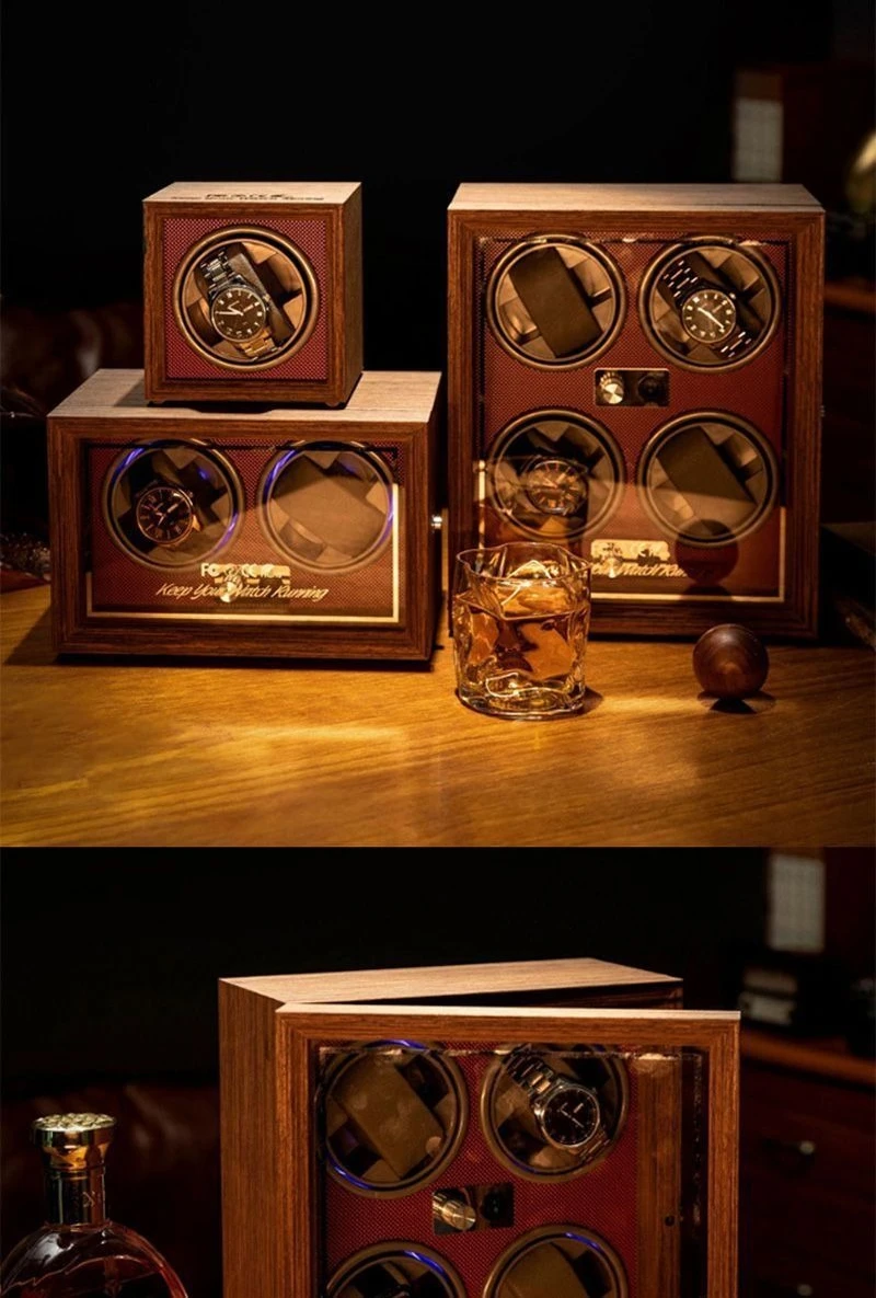 Luxury Automatic Watch Winder – Wooden Retro Organizer with Silent Motor and Anti-Magnetic Design, High-Density Pine & Leather Construction, Multiple Slots with USB Power, LED Light, 5 Rotation Modes