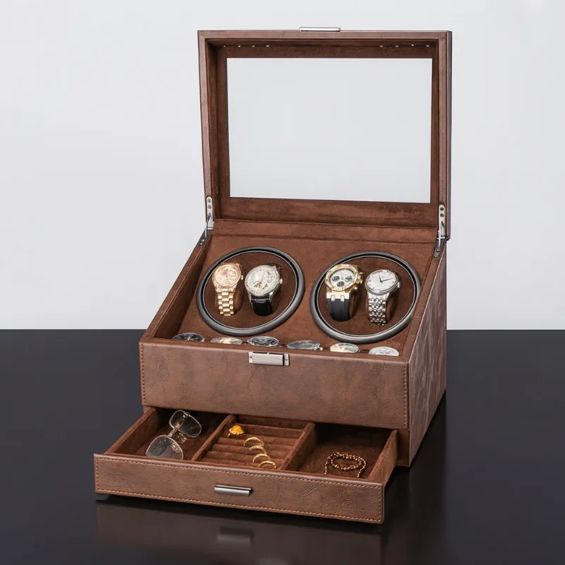 Luxury 4+6 Automatic Watch Winder Box, PU Leather and MDF Jewelry Organizer, Silent Motor Rotation, Multiple Modes, USB-C Power, Elegant Display Case for Mechanical Wristwatches, Men and Women Gift - 图片 8