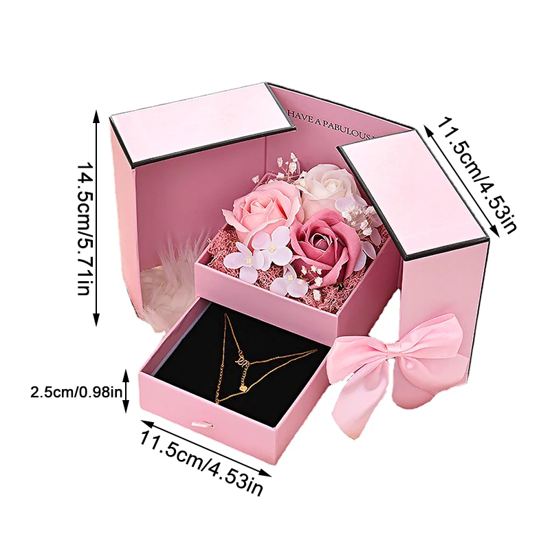 Romantic Soap Rose Flower Jewelry Gift Box with Double Drawer Design, Elegant Packaging Case for Necklace Ring Lipstick, Valentine’s Day, Wedding, Birthday, Mother’s Day, Christmas and Anniversary Surprise
