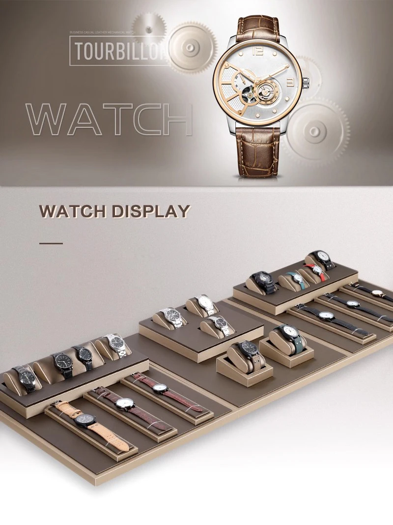 Luxury Brown Leatherette Watch Display Stand Holder – Retail Store Counter and Window Organizer for Watch Presentation, Ramp Base Desk Prop for Jewelry Shop Showcase and Professional Display Use