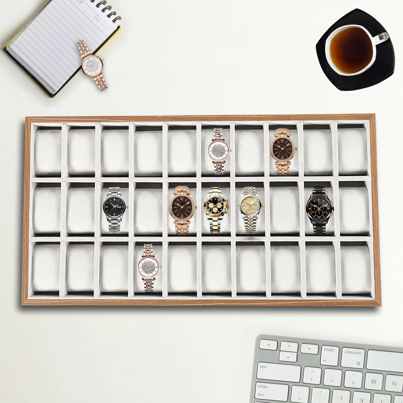 Luxury Wooden 30-Slot Watch Display Organizer Box with Soft Velveteen Pillows, Modern Large Jewelry and Timepiece Storage Case, Elegant Gift Presentation for Men and Women - 图片 4